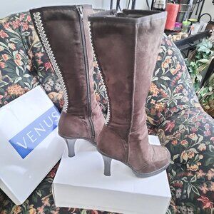 BELOW KNEE LADIES DARK BROWN SUEDE LIKE 2" HEEL BOOTS